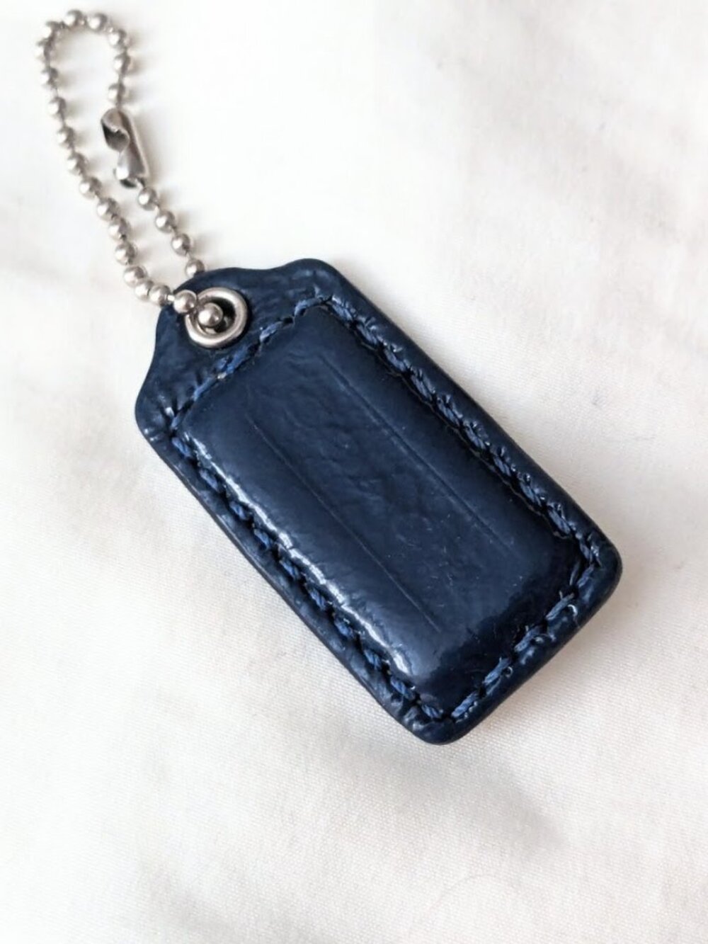 Coach Double Sided Hang Tag 2" Charm Patent Leather Navy Blue Silver Chain Y2K